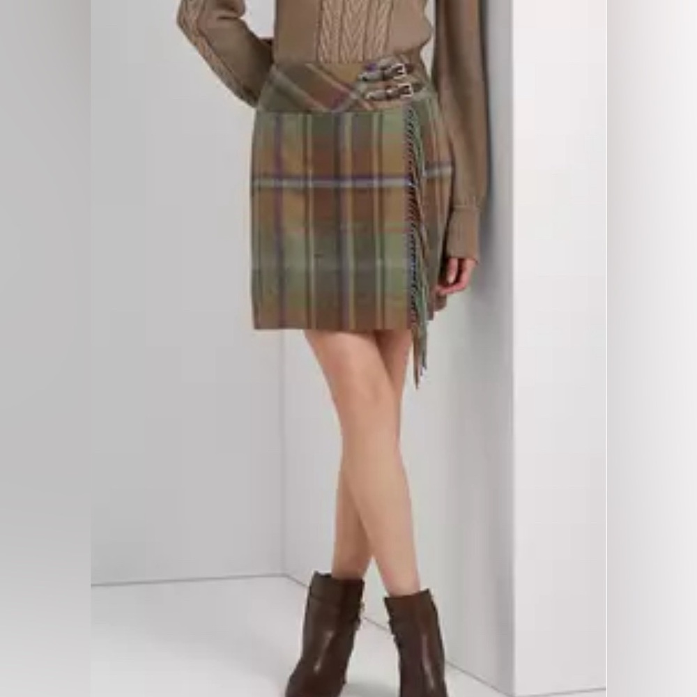 Polo By Ralph Lauren Plaid Wrap Sweater Skirt 100% Wool NWT XXL Fringe Size 12 - Picture 3 of 7